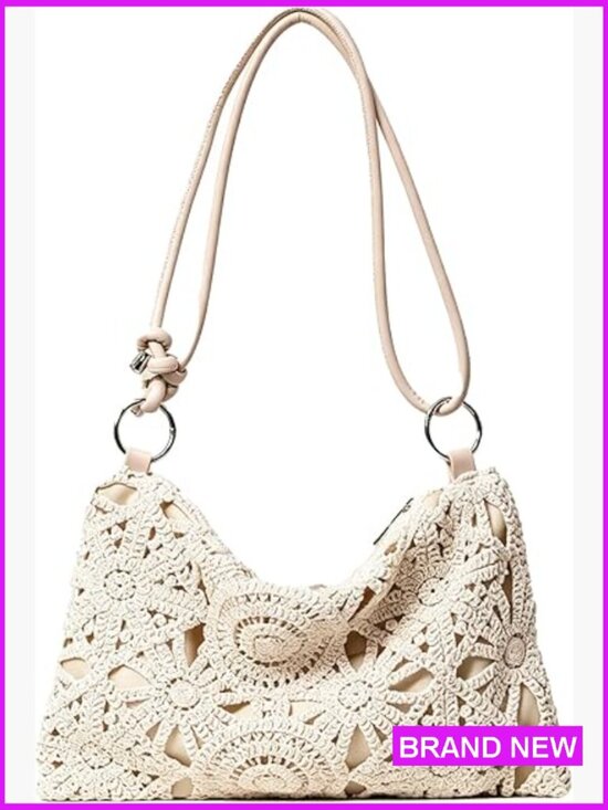 Handbags - Floral Hollow Out Woven Boho Shoulder Bag Metal Clasp Summer Travel Beach